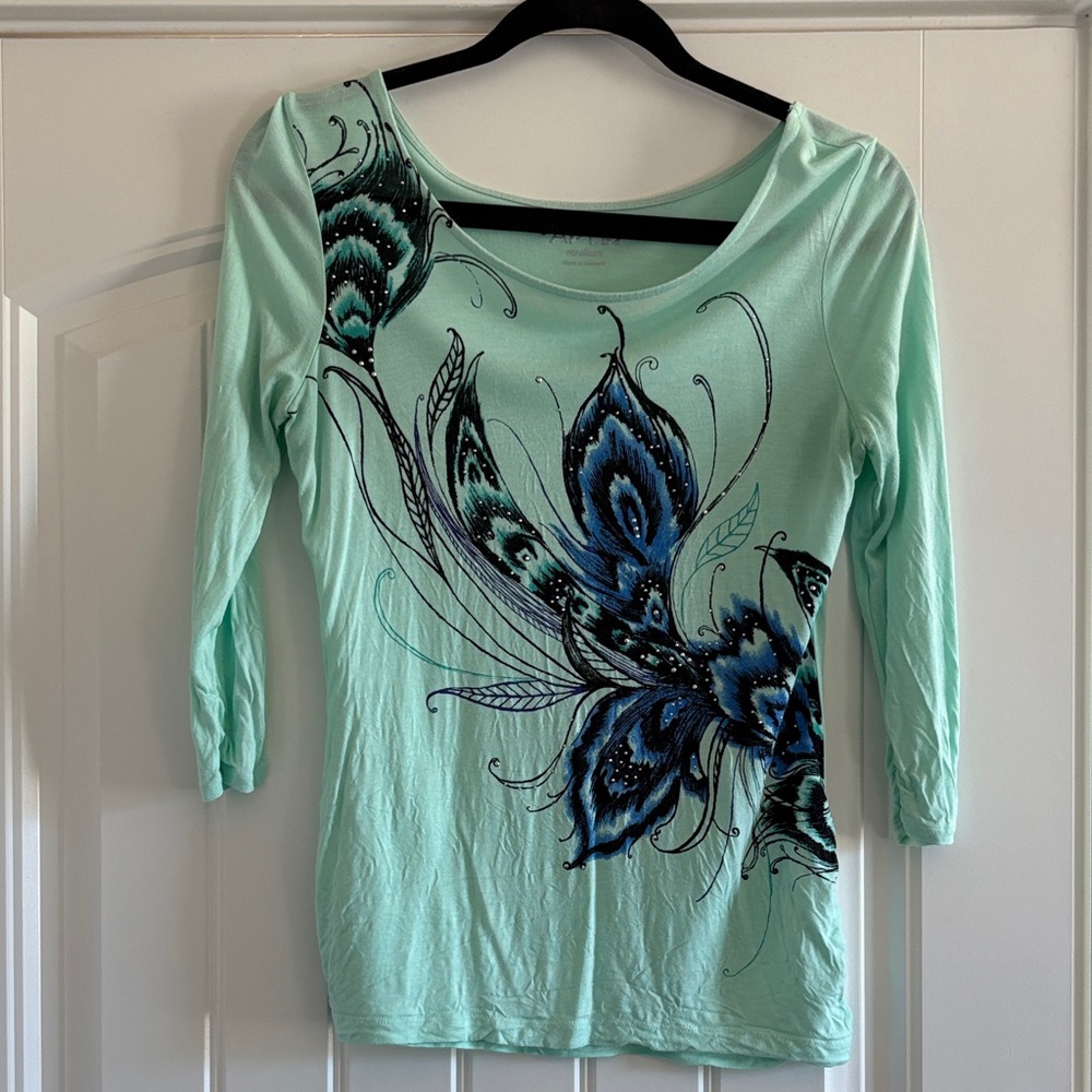 Apt. 9 Mint Green and Blue Peacock Long Sleeve Top